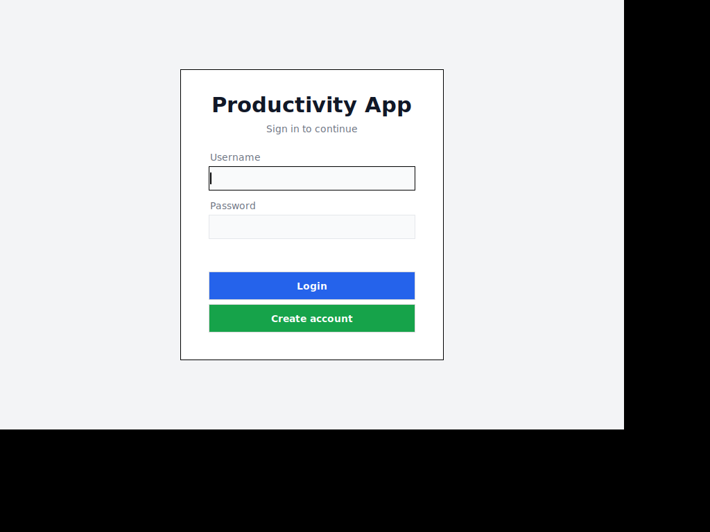 Login screen of the finished productivity app, showing a centered white card with the title 