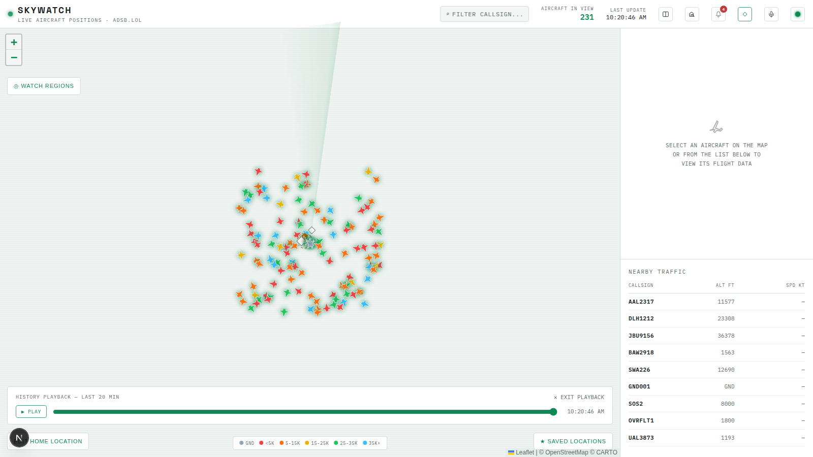 History playback scrubbed to a past frame, showing every aircraft position recorded in the last 20 minutes at once