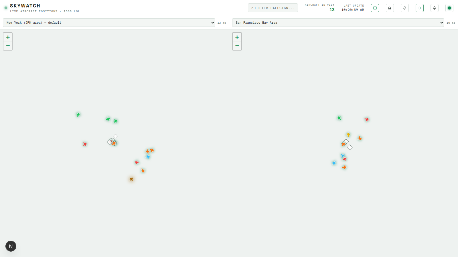 Compare mode showing two watch regions side by side, each with its own live traffic